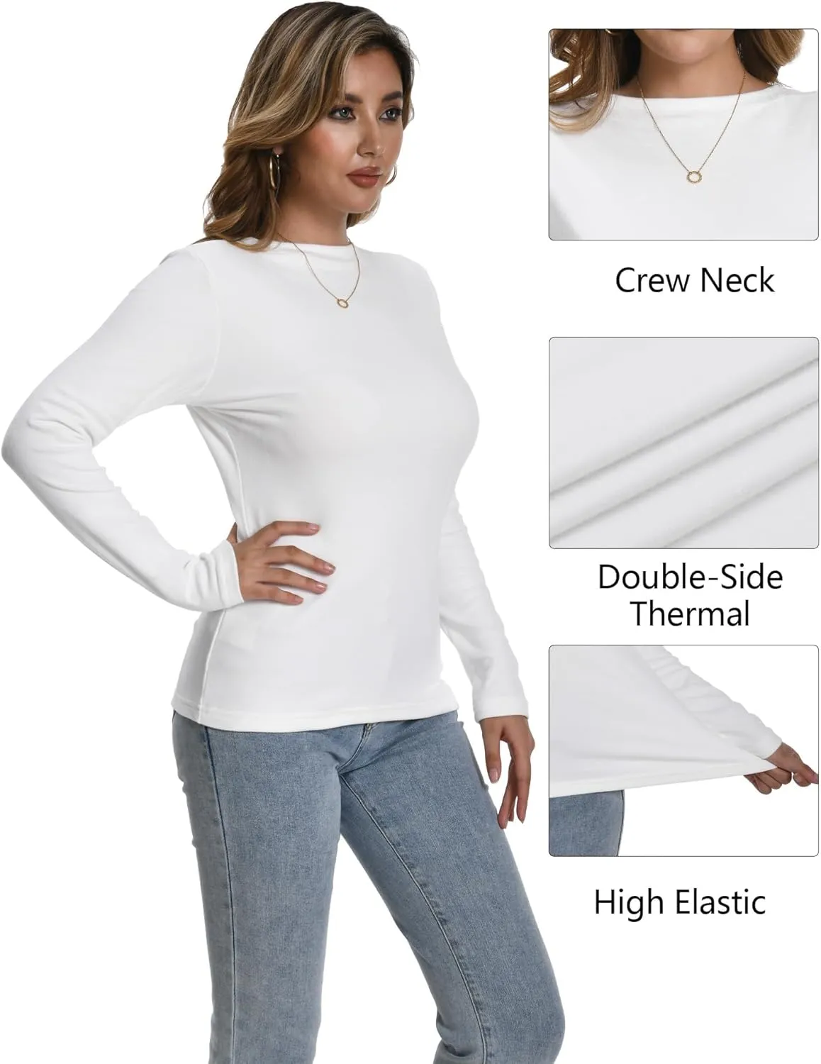 4 Pack Women Thermal Long Sleeve Shirts Crew Neck Double-Sided Fleece Lined Base Layer Undershirt Tops Cold Weather