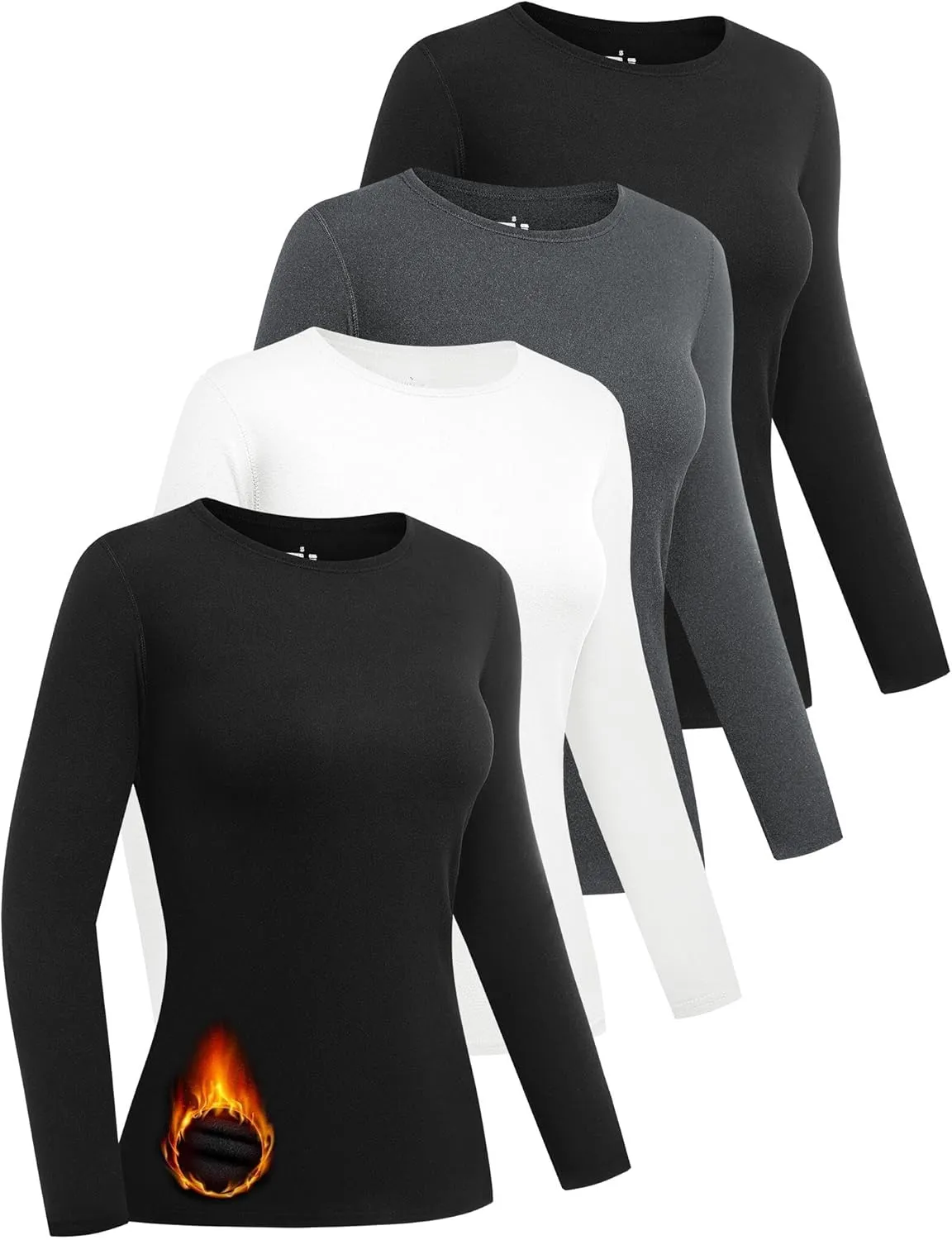 4 Pack Women Thermal Long Sleeve Shirts Crew Neck Double-Sided Fleece Lined Base Layer Undershirt Tops Cold Weather