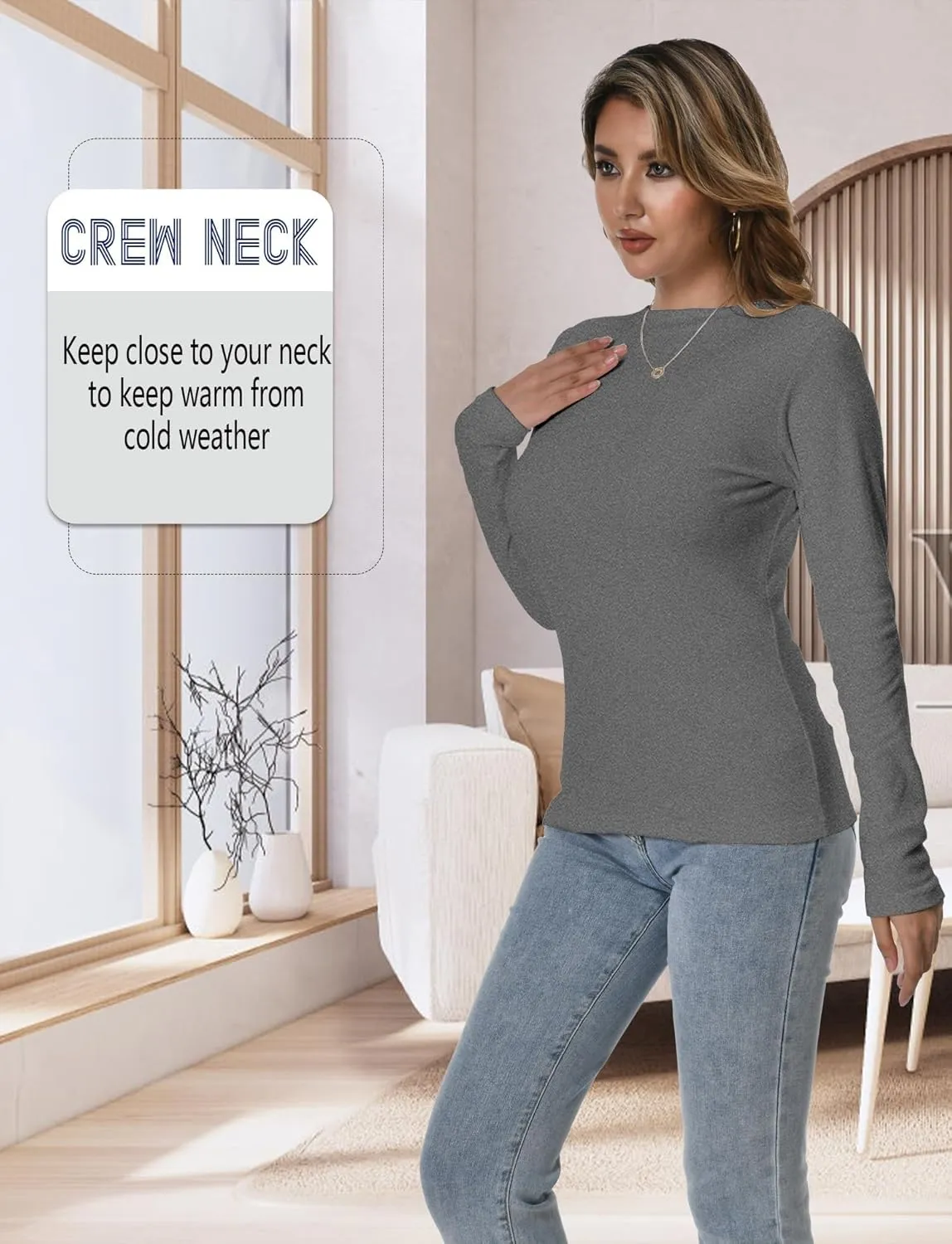4 Pack Women Thermal Long Sleeve Shirts Crew Neck Double-Sided Fleece Lined Base Layer Undershirt Tops Cold Weather