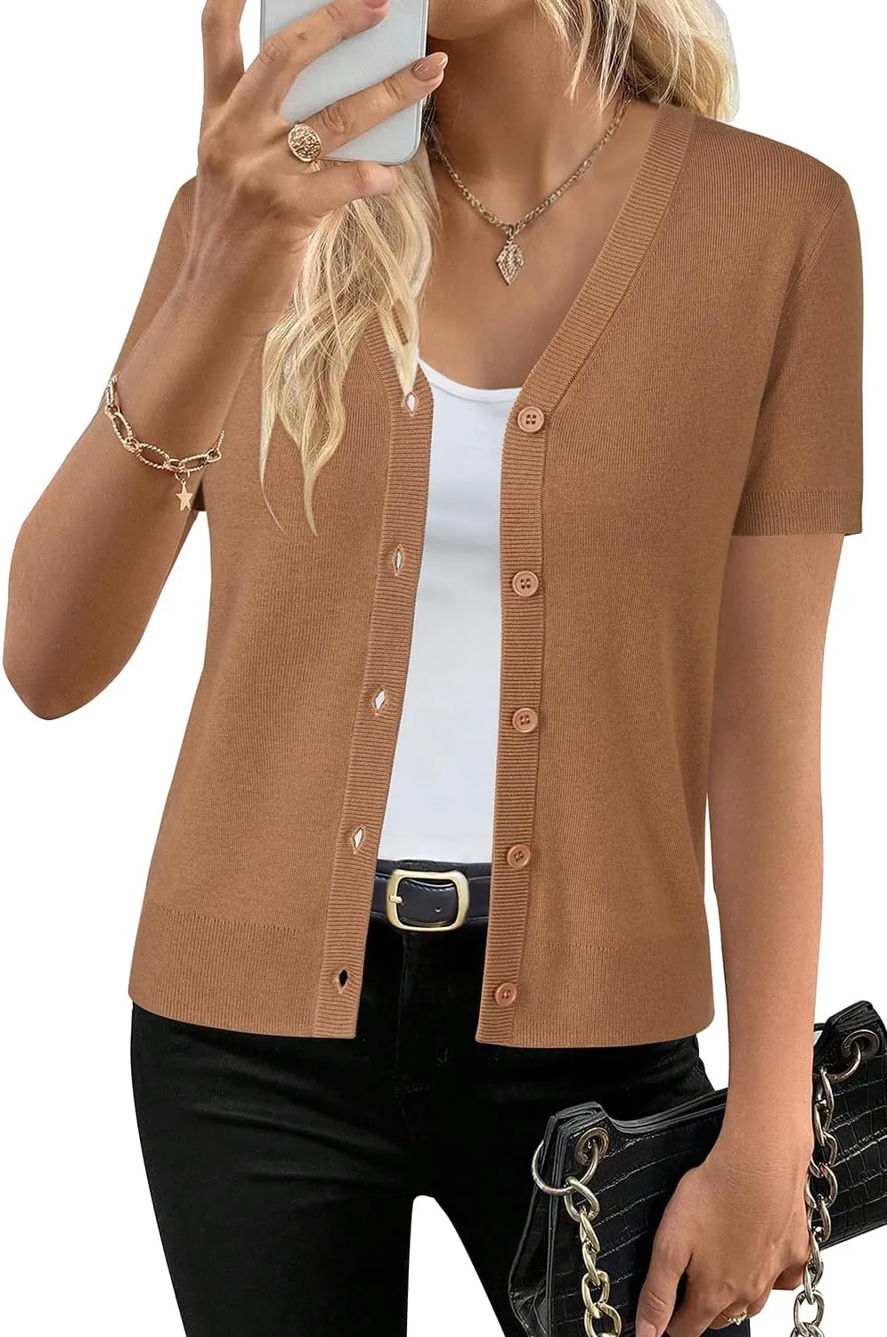 Arach&Cloz Womens Wool Blended Cropped Cardigan Sweater 2025 Short Sleeve Shrug Business Casual Outfits Lightweight Top