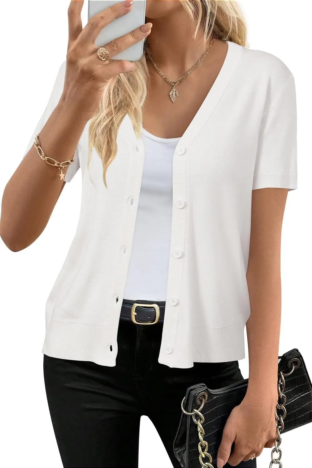 Arach&Cloz Womens Wool Blended Cropped Cardigan Sweater 2025 Short Sleeve Shrug Business Casual Outfits Lightweight Top