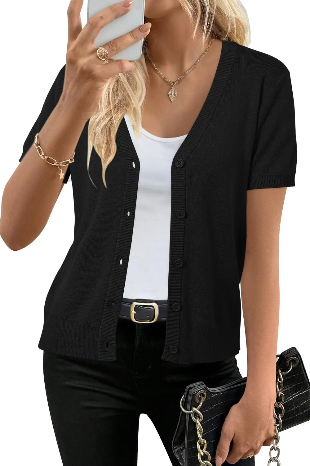 Arach&Cloz Womens Wool Blended Cropped Cardigan Sweater 2025 Short Sleeve Shrug Business Casual Outfits Lightweight Top