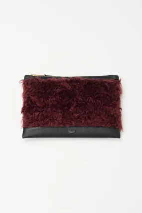 Black Leather & Burgundy Faux Fur Zip Pouch