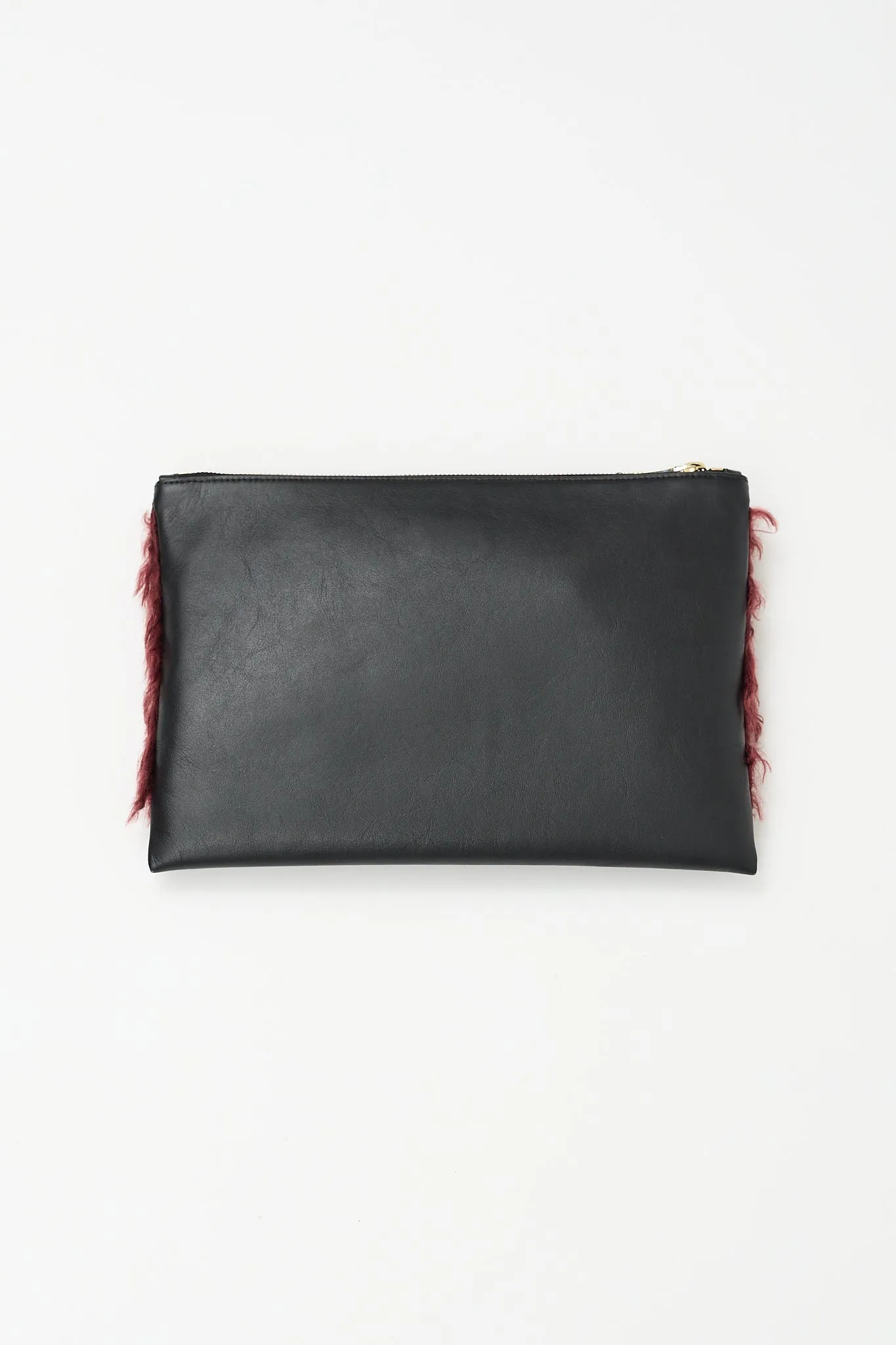 Black Leather & Burgundy Faux Fur Zip Pouch