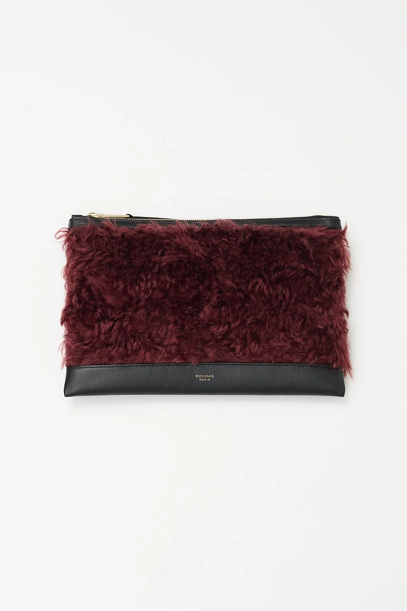 Black Leather & Burgundy Faux Fur Zip Pouch