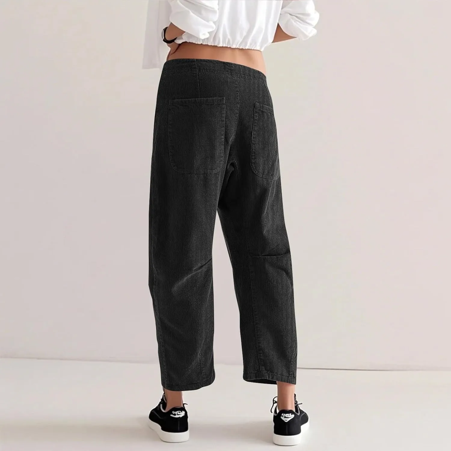 Corduroy Pants Women Button Barrel Low Rise Pants Cropped Casual Pants Wide Leg Snkle Pants Stretchy Trouser with Pocket