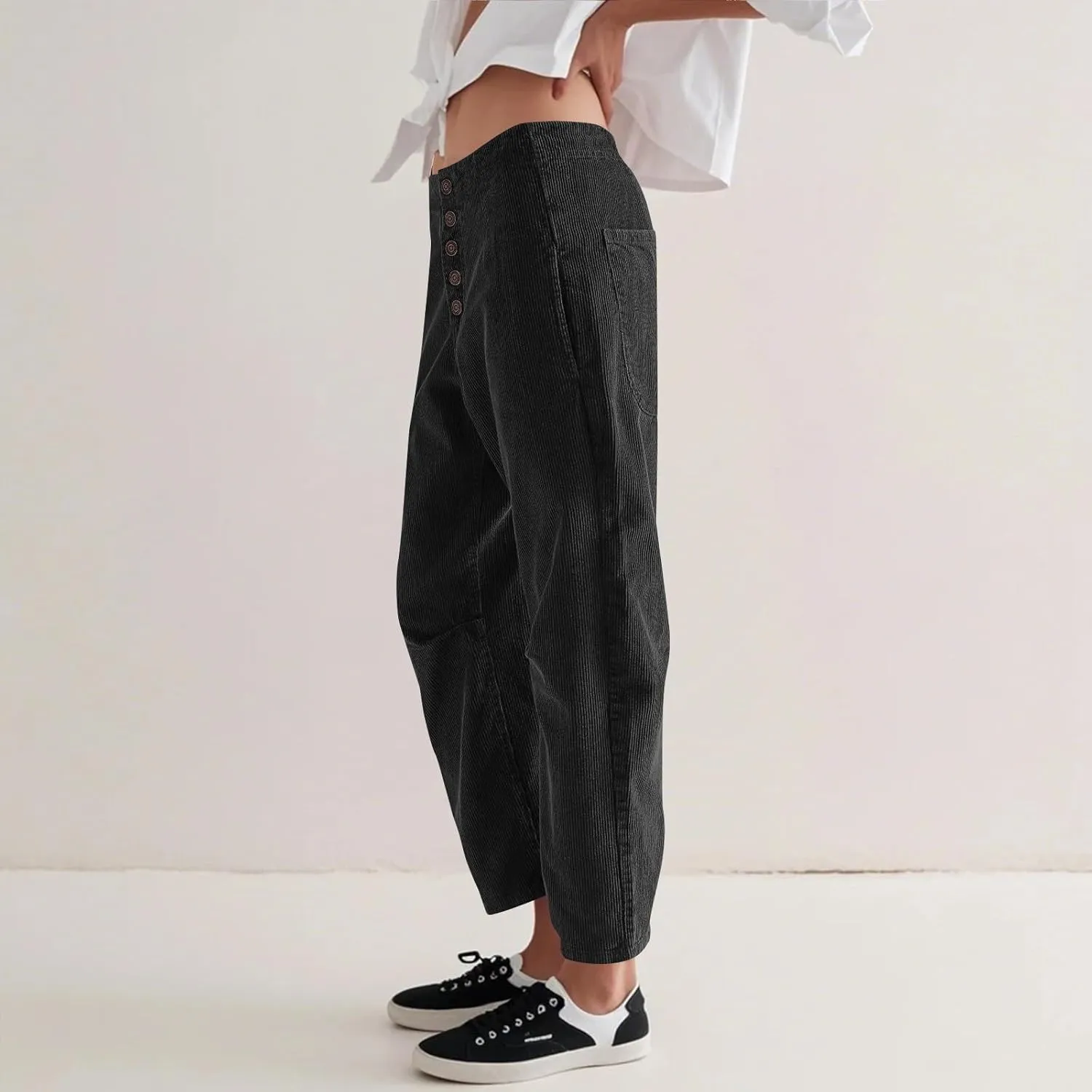 Corduroy Pants Women Button Barrel Low Rise Pants Cropped Casual Pants Wide Leg Snkle Pants Stretchy Trouser with Pocket
