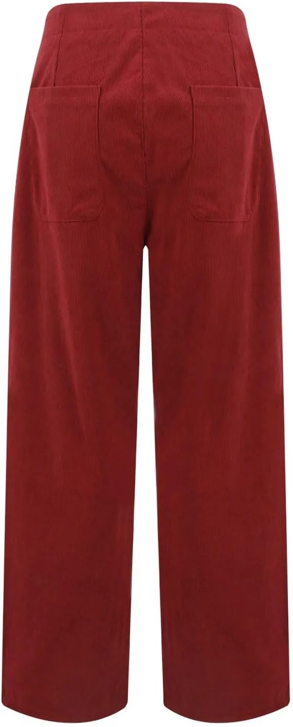 Corduroy Pants Women Button Barrel Low Rise Pants Cropped Casual Pants Wide Leg Snkle Pants Stretchy Trouser with Pocket