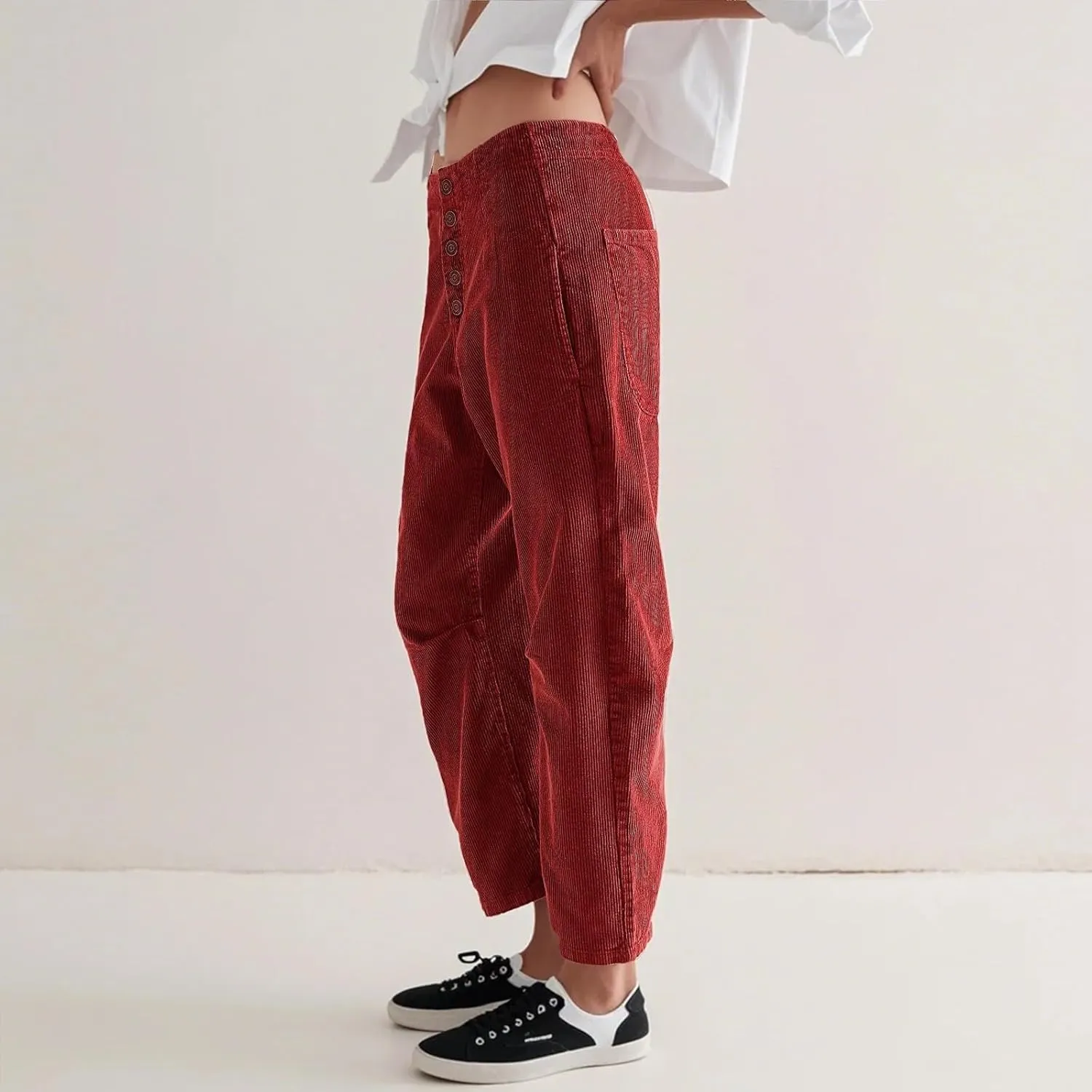 Corduroy Pants Women Button Barrel Low Rise Pants Cropped Casual Pants Wide Leg Snkle Pants Stretchy Trouser with Pocket