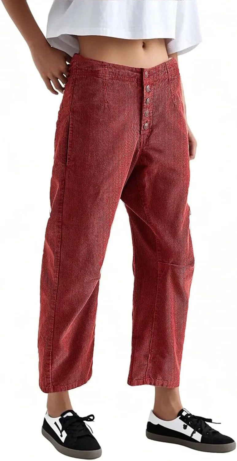Corduroy Pants Women Button Barrel Low Rise Pants Cropped Casual Pants Wide Leg Snkle Pants Stretchy Trouser with Pocket