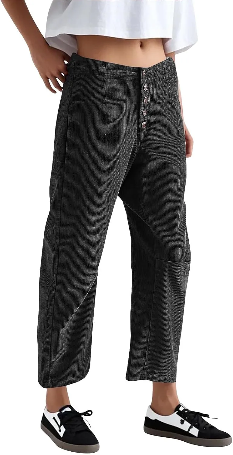 Corduroy Pants Women Button Barrel Low Rise Pants Cropped Casual Pants Wide Leg Snkle Pants Stretchy Trouser with Pocket