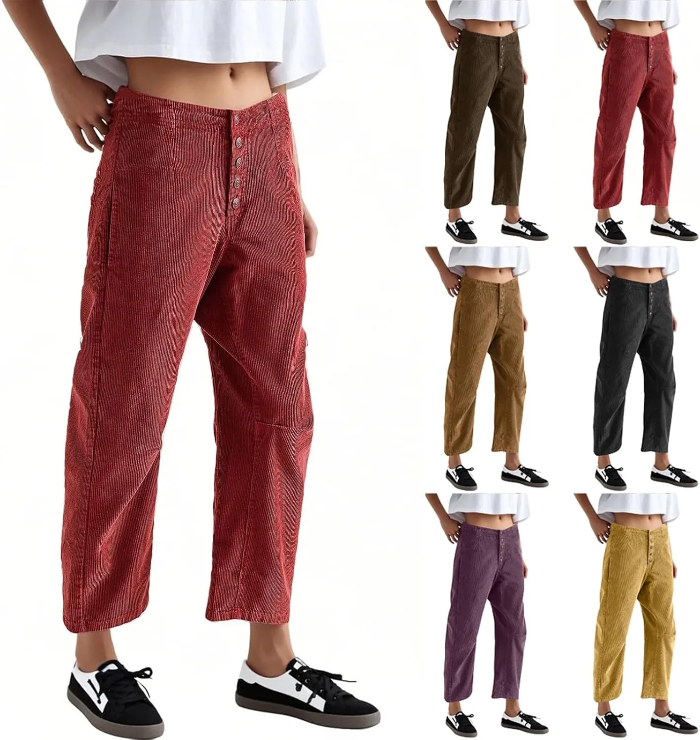 Corduroy Pants Women Button Barrel Low Rise Pants Cropped Casual Pants Wide Leg Snkle Pants Stretchy Trouser with Pocket