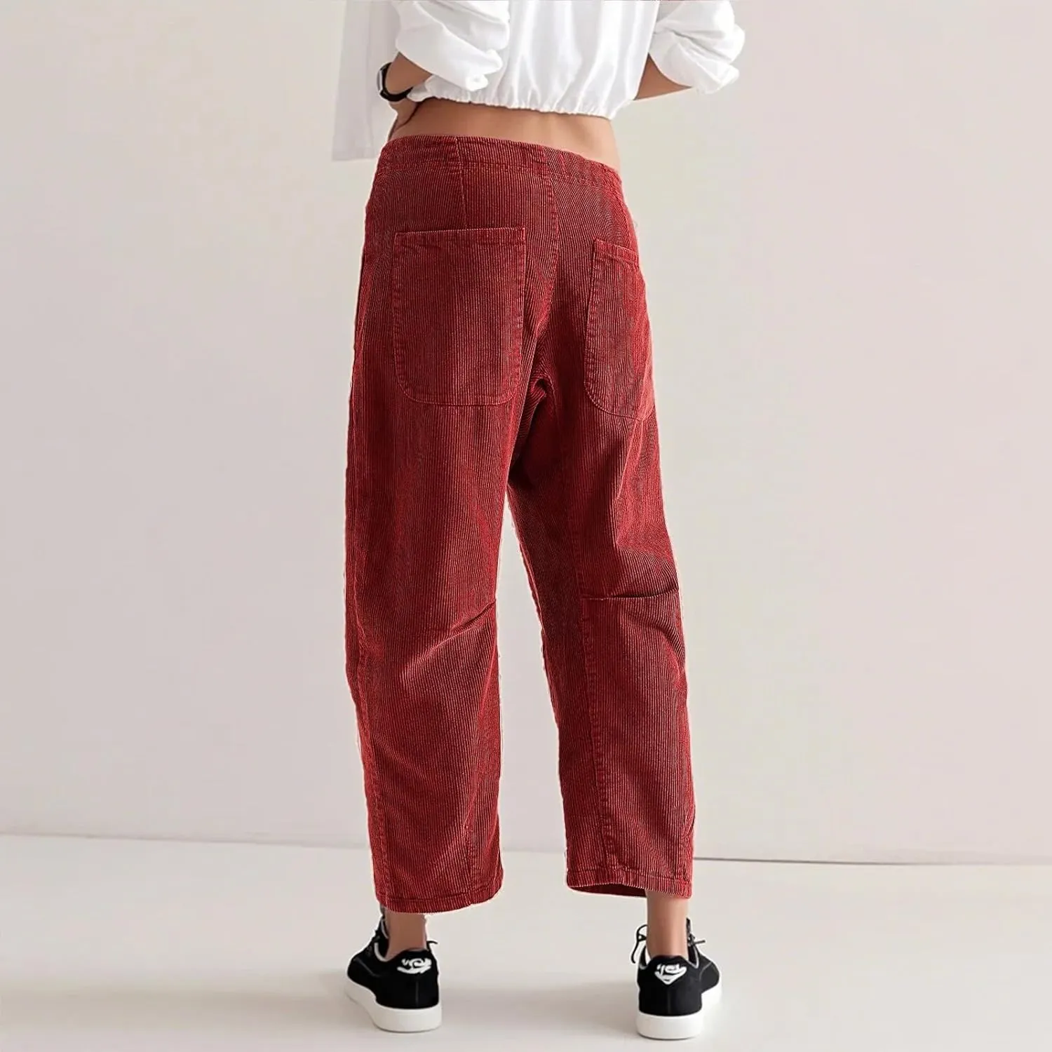Corduroy Pants Women Button Barrel Low Rise Pants Cropped Casual Pants Wide Leg Snkle Pants Stretchy Trouser with Pocket