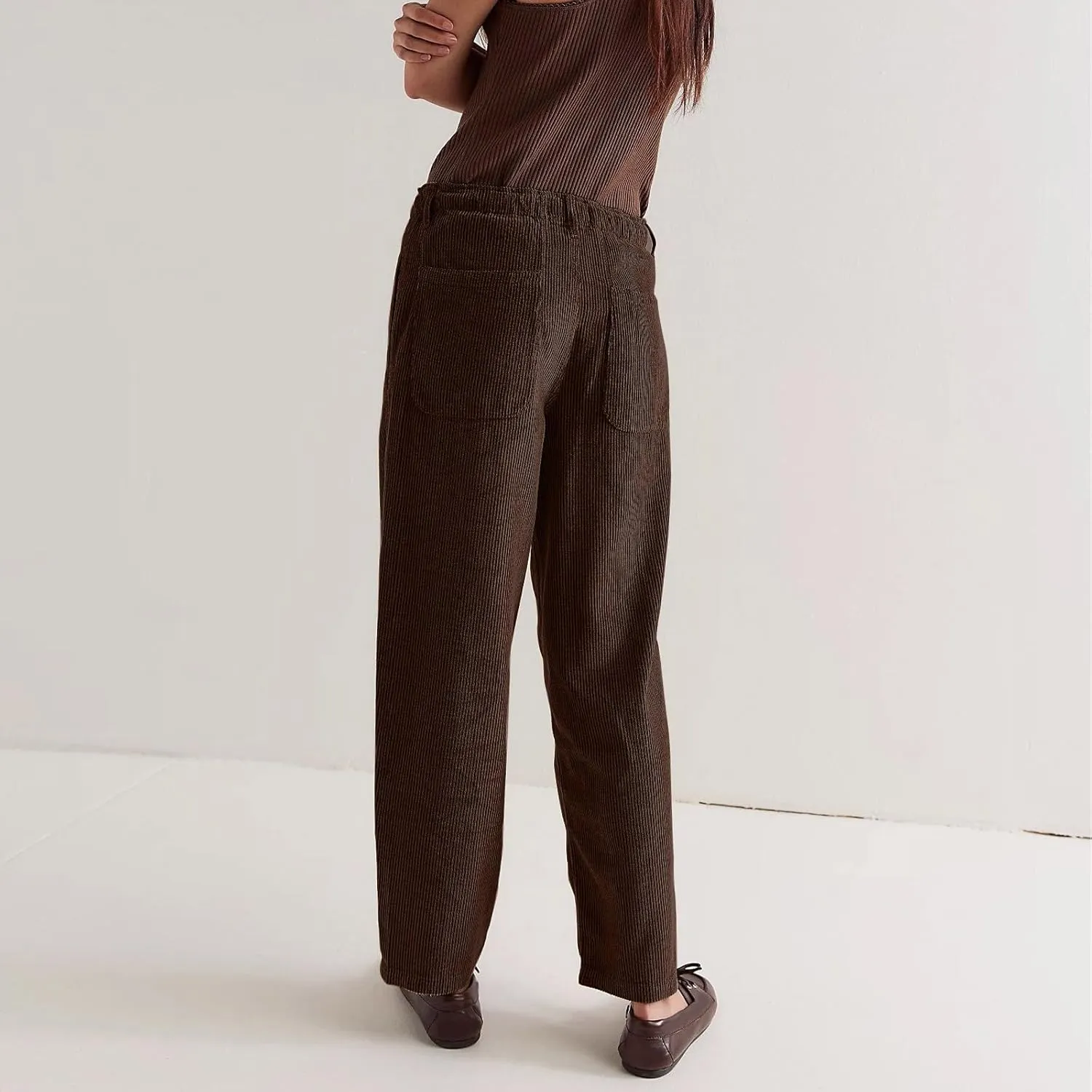 Corduroy Pants Women Drawstring Elastic Waist Wide Leg Work Pants Casual Loose Petite Trousers Pants with Pockets