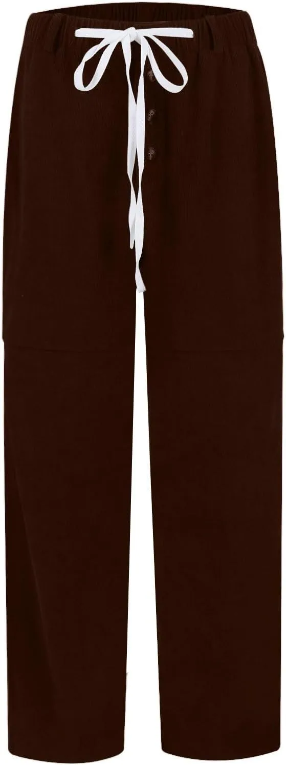 Corduroy Pants Women Drawstring Elastic Waist Wide Leg Work Pants Casual Loose Petite Trousers Pants with Pockets