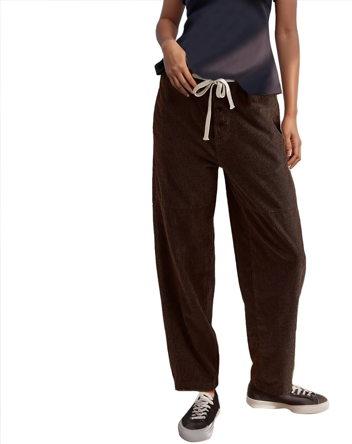 Corduroy Pants Women Drawstring Elastic Waist Wide Leg Work Pants Casual Loose Petite Trousers Pants with Pockets
