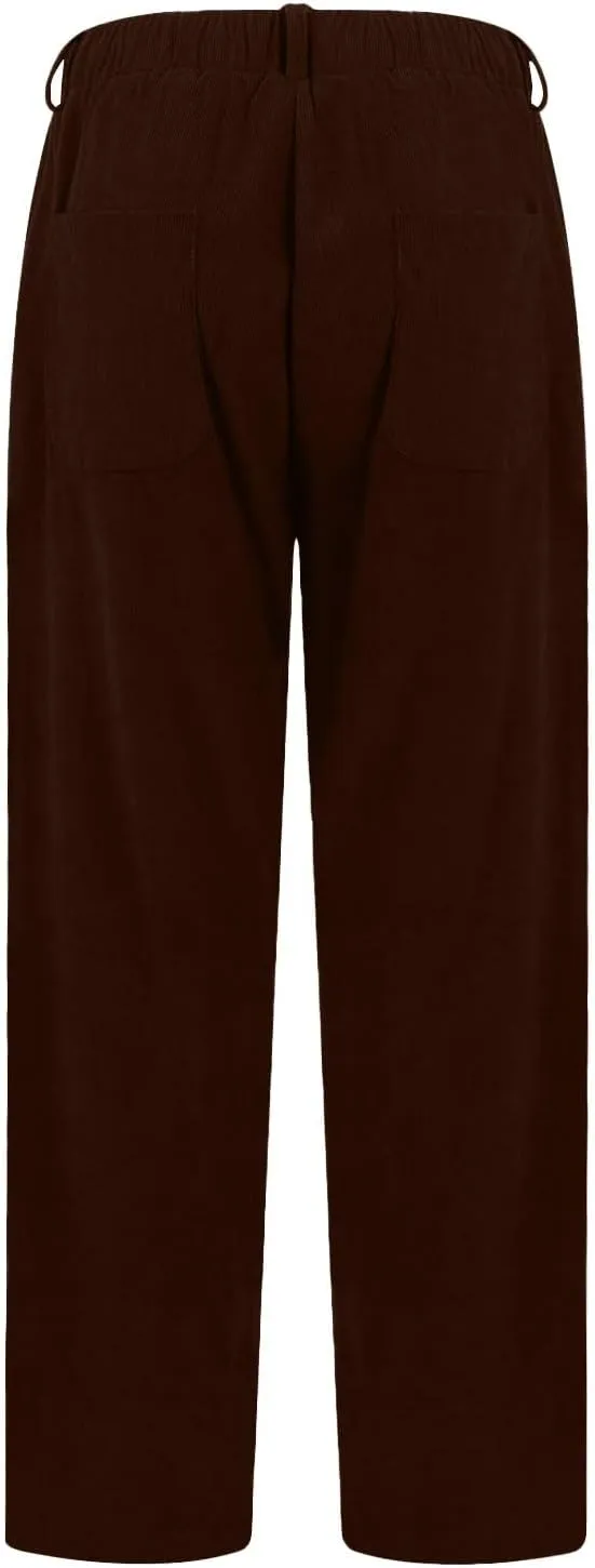 Corduroy Pants Women Drawstring Elastic Waist Wide Leg Work Pants Casual Loose Petite Trousers Pants with Pockets