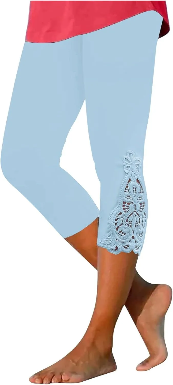 Cropped Leggings for Women Lace Trim 3/4 Length Capri Pants Elastic High Waisted Workout Gym Yoga Lounge Tights