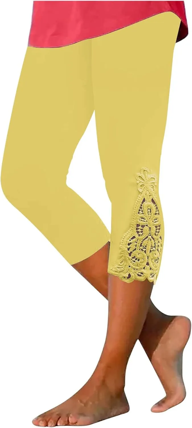 Cropped Leggings for Women Lace Trim 3/4 Length Capri Pants Elastic High Waisted Workout Gym Yoga Lounge Tights