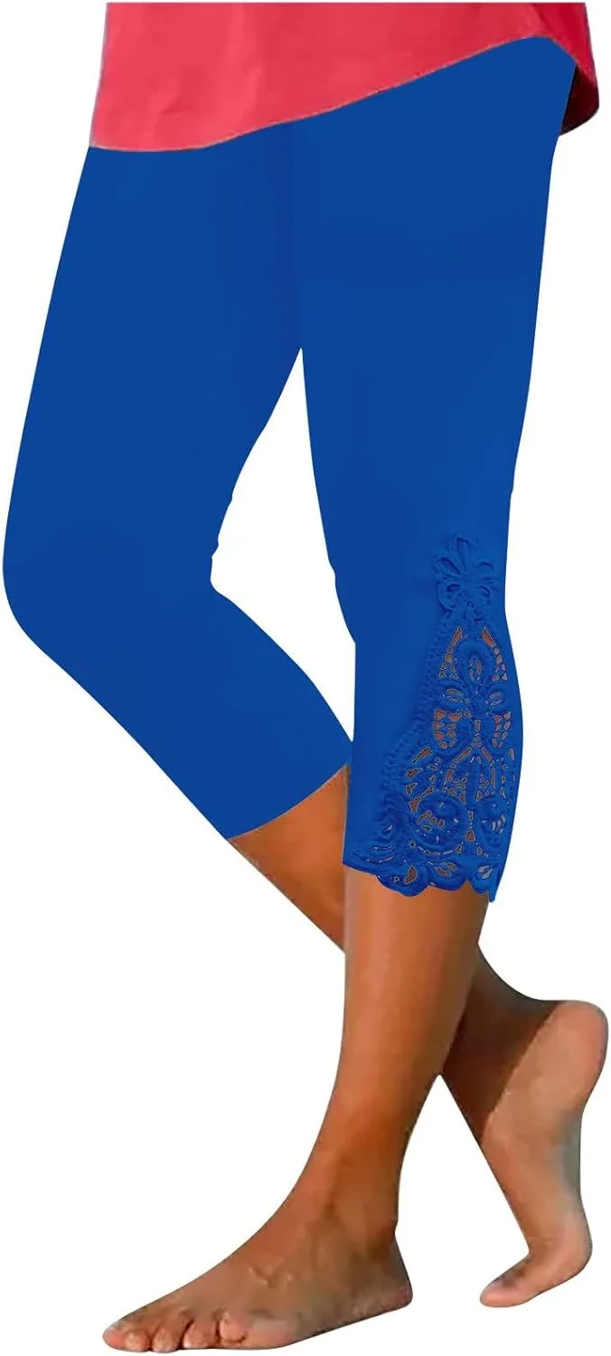 Cropped Leggings for Women Lace Trim 3/4 Length Capri Pants Elastic High Waisted Workout Gym Yoga Lounge Tights
