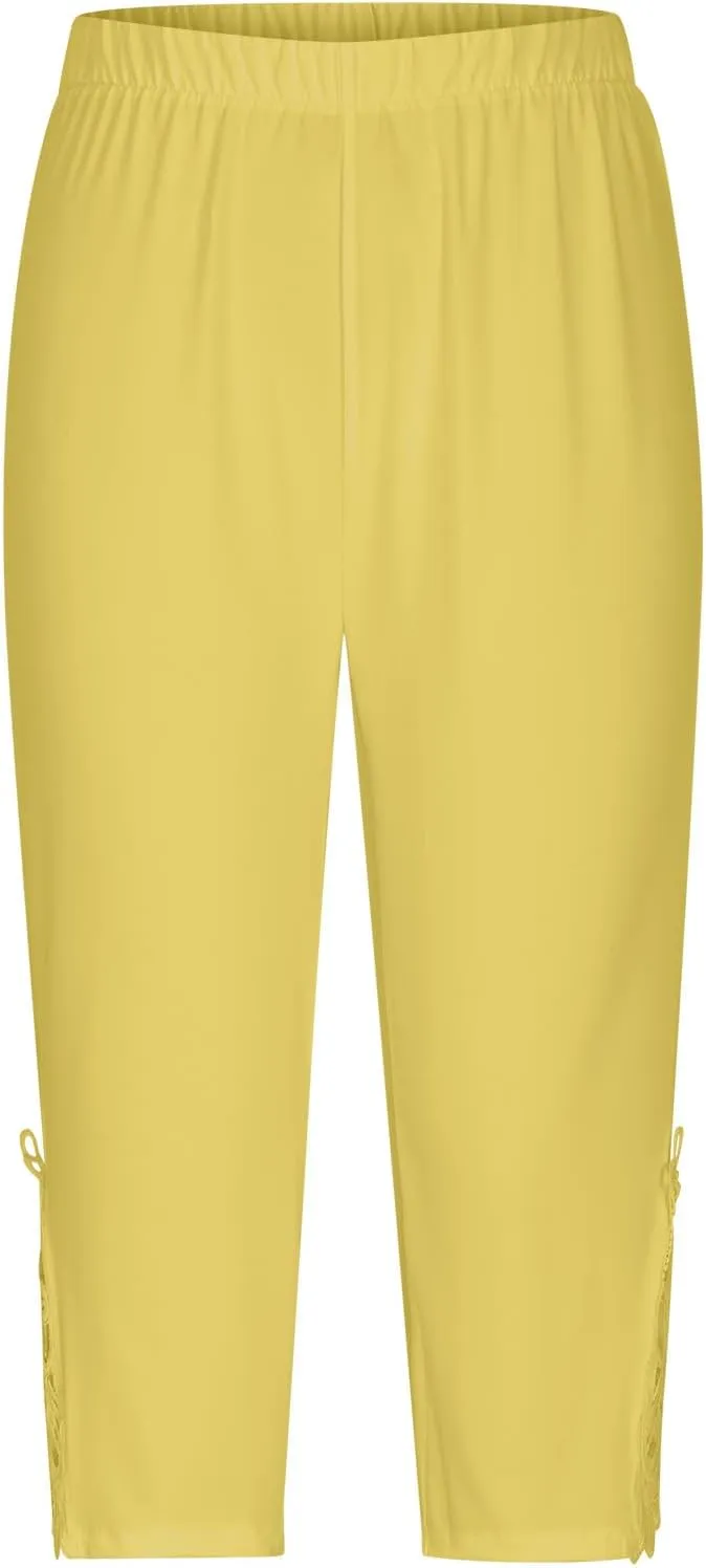 Cropped Leggings for Women Lace Trim 3/4 Length Capri Pants Elastic High Waisted Workout Gym Yoga Lounge Tights