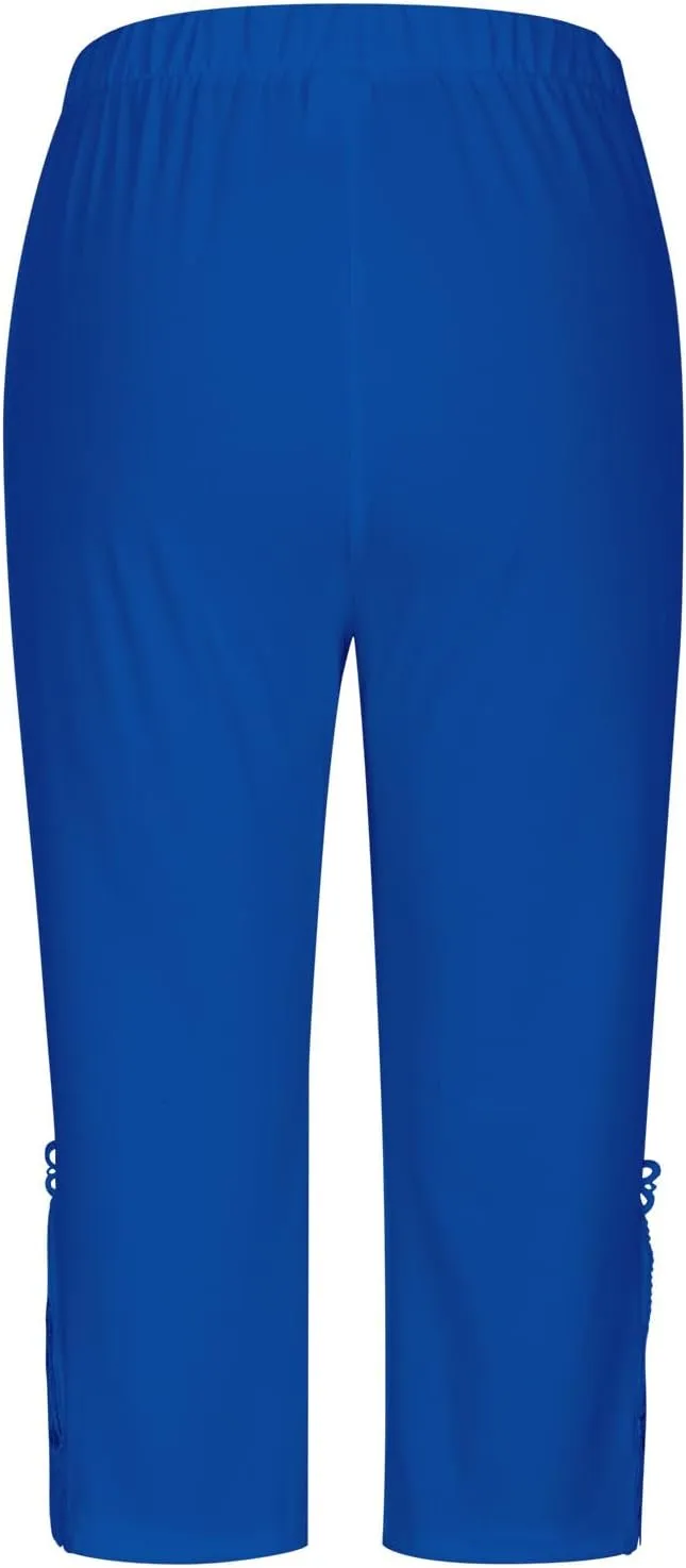 Cropped Leggings for Women Lace Trim 3/4 Length Capri Pants Elastic High Waisted Workout Gym Yoga Lounge Tights