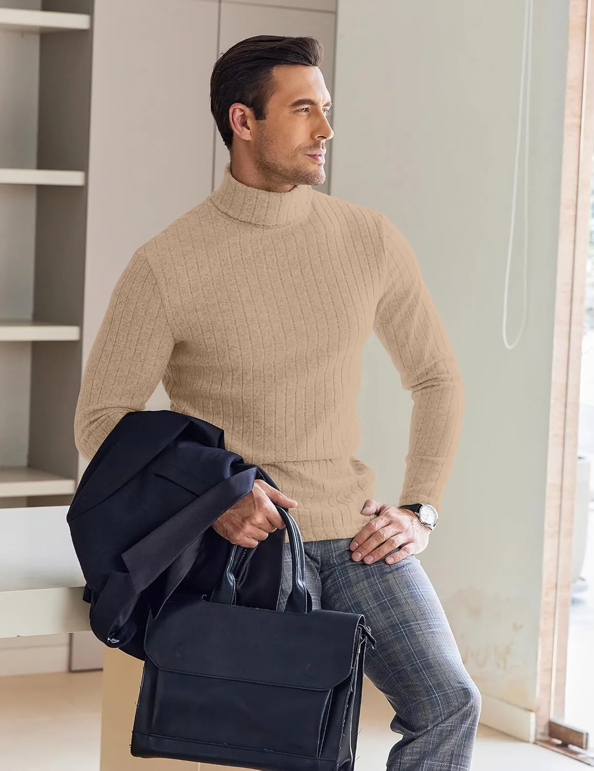 Ekouaer Men Turtleneck Shirts Lightweight Long Sleeve T Shirt Ribbed Thermal Tops Baselayer Pullover S-XXL