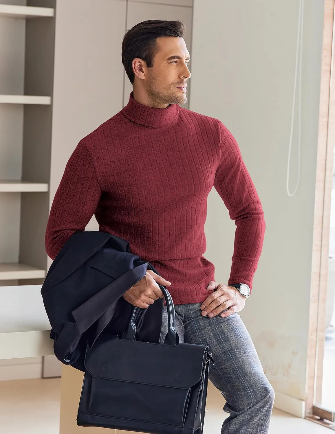 Ekouaer Men Turtleneck Shirts Lightweight Long Sleeve T Shirt Ribbed Thermal Tops Baselayer Pullover S-XXL