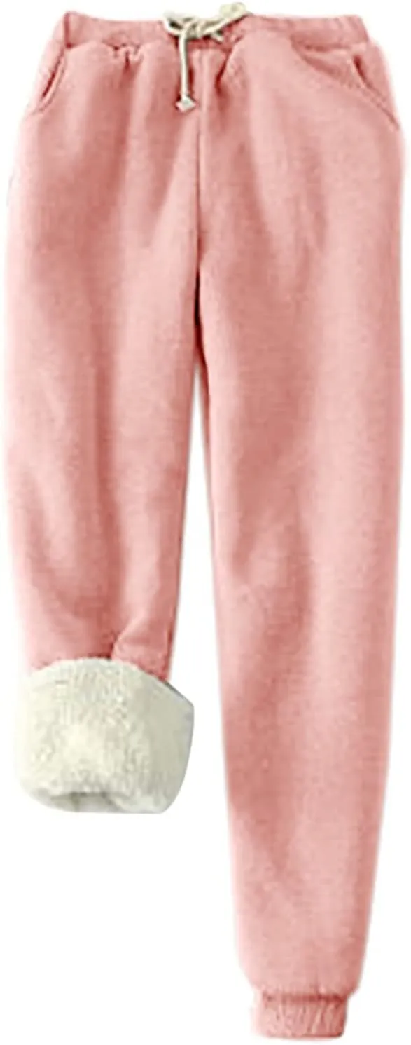 Fleece Lined Pants Women Plus Size Winter Sweat Pants Warm Thick Joggers Elastic Waist Sweatpants with Drawstring