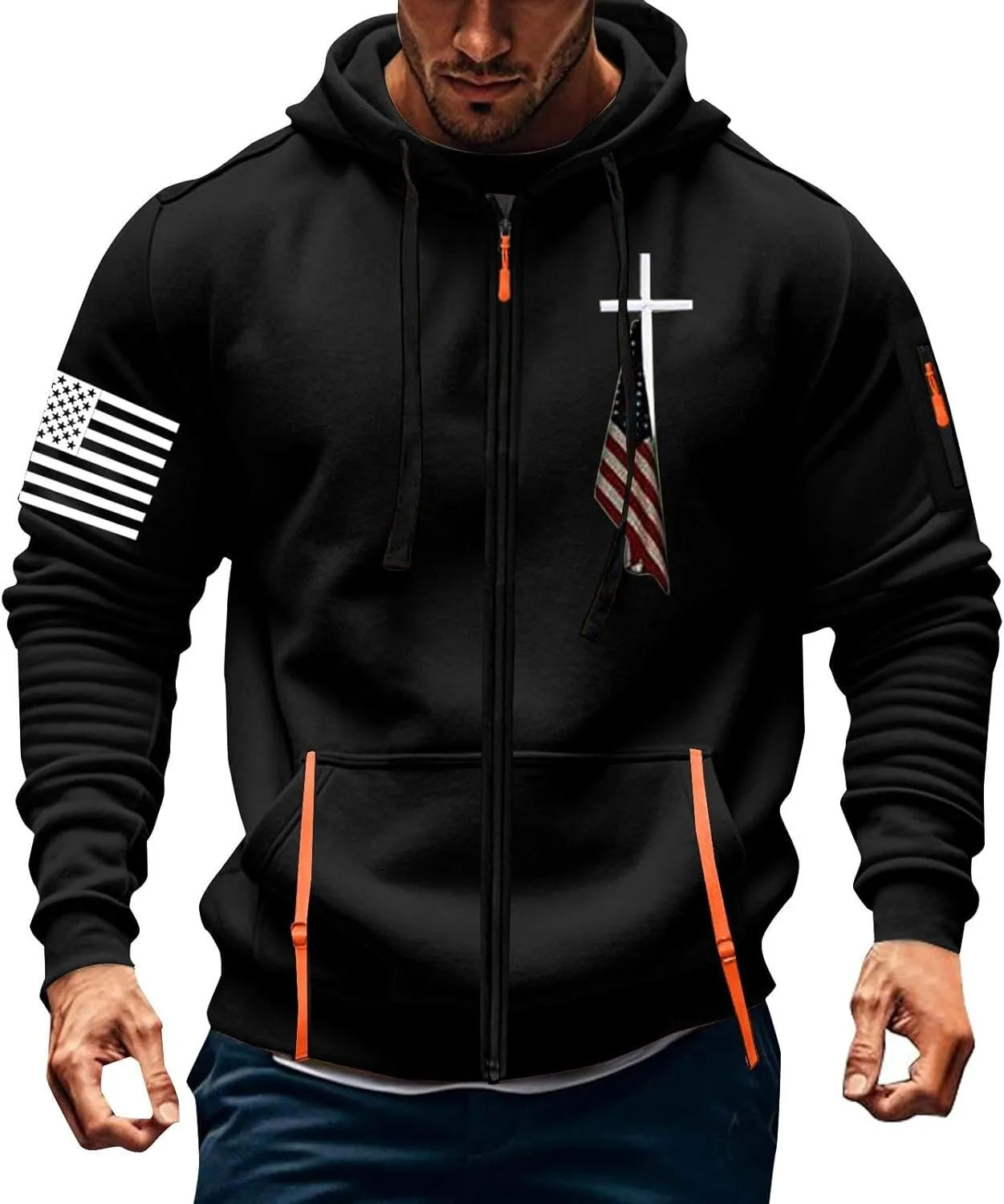 Full Zip Hoodies Men Workout Hoodie American Flag Hooded Sweatshirts Patriotic Graphic Shirt Long Sleeve Casual Tops