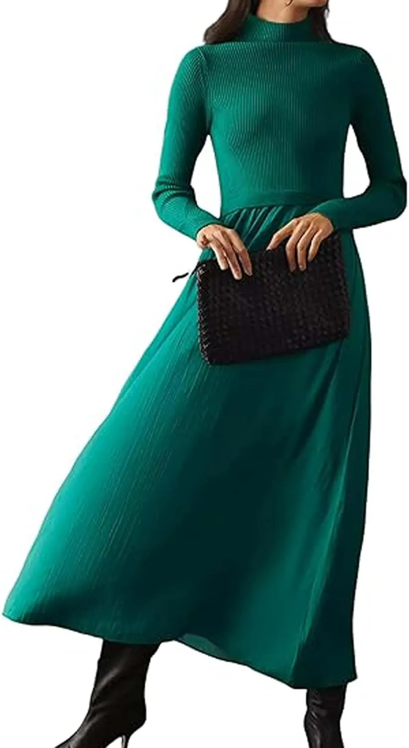 Lauweion Women's Turtleneck Sweater Maxi Dress Long Sleeve Slim Fit Ribbed Knit Pullover Jumper Top Flowy Long Dresses