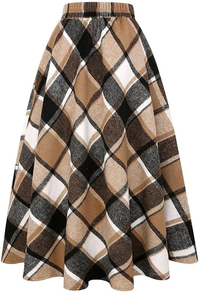 Long Plaid Wool Skirt for Womens Winter Fall Warm High Elastic Waist A line Flared Pleated Wool Tartan Skirts