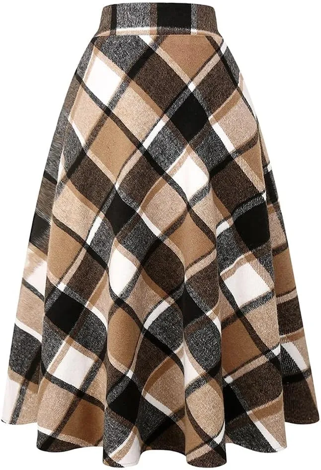 Long Plaid Wool Skirt for Womens Winter Fall Warm High Elastic Waist A line Flared Pleated Wool Tartan Skirts
