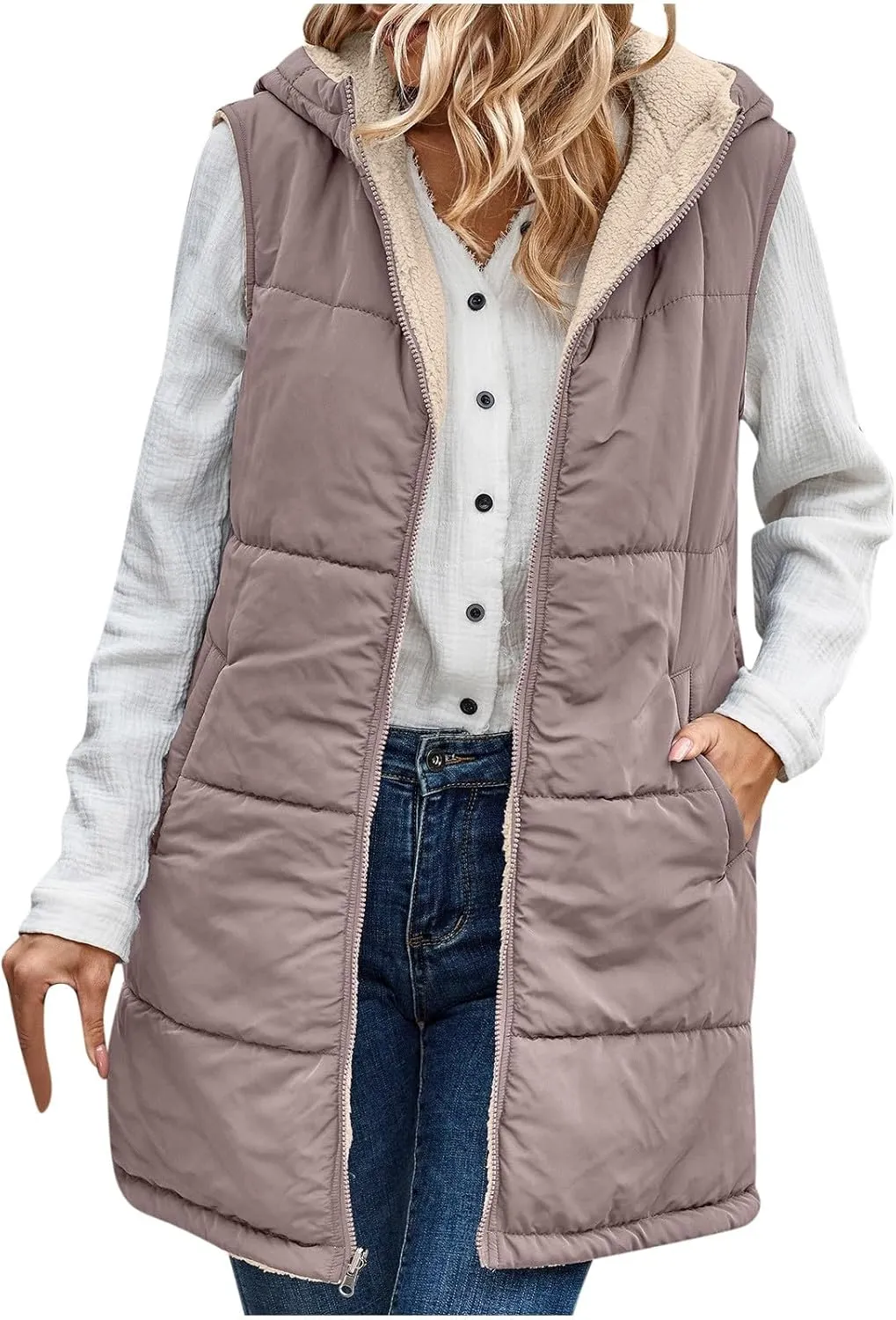 Long Puffer Vest for Women with Hood Sleeveless Puffer Jacket Lightweight Down Vest Full Zip Winter Quilted Vest