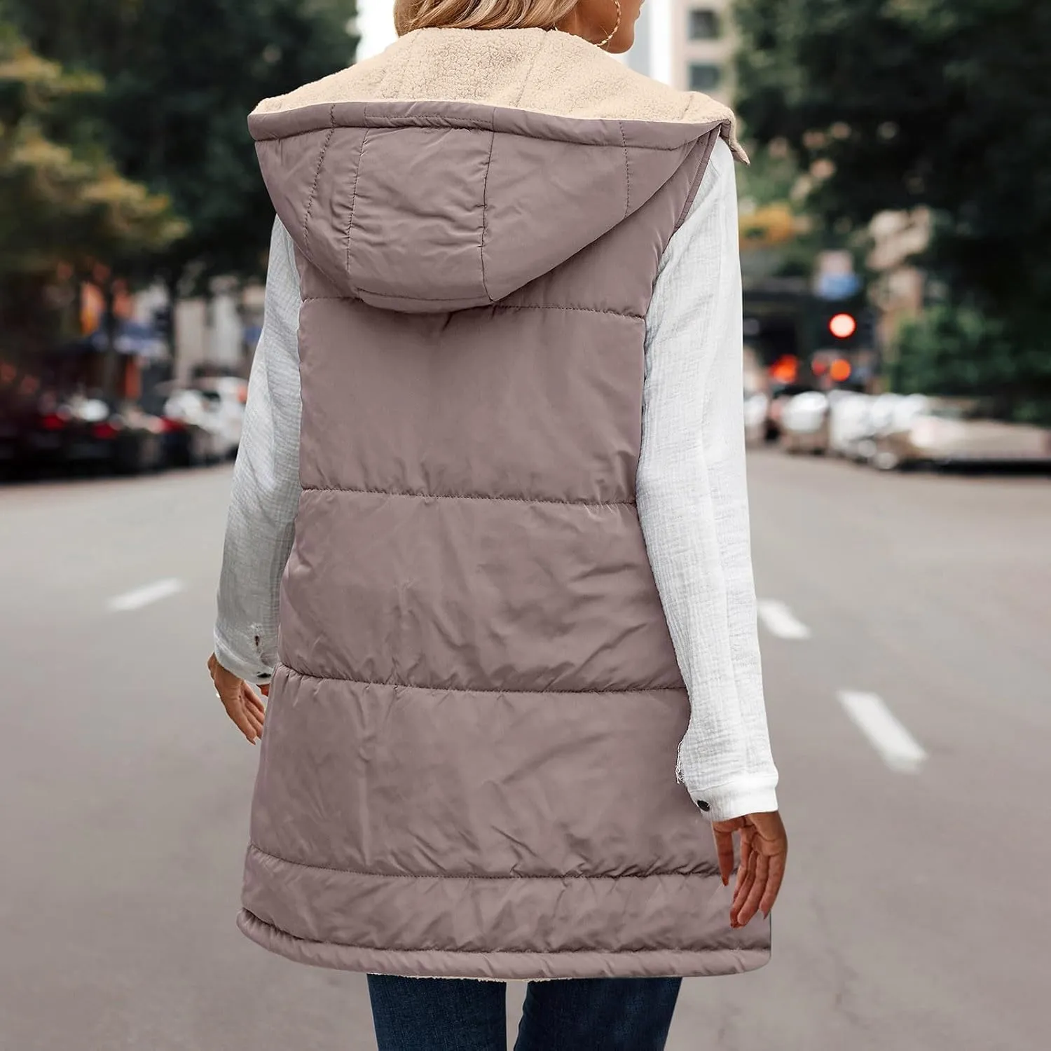 Long Puffer Vest for Women with Hood Sleeveless Puffer Jacket Lightweight Down Vest Full Zip Winter Quilted Vest