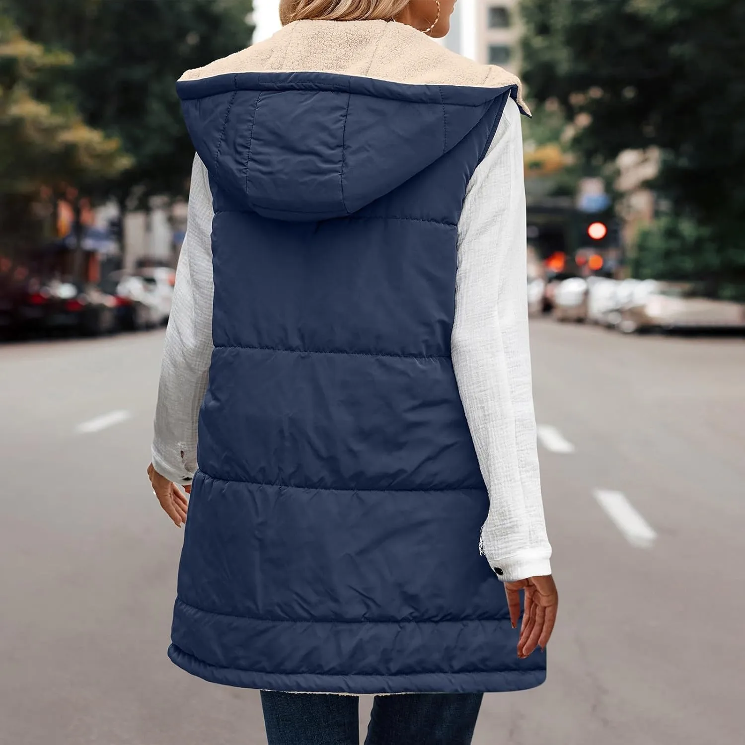 Long Puffer Vest for Women with Hood Sleeveless Puffer Jacket Lightweight Down Vest Full Zip Winter Quilted Vest