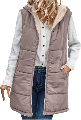 Long Puffer Vest for Women with Hood Sleeveless Puffer Jacket Lightweight Down Vest Full Zip Winter Quilted Vest