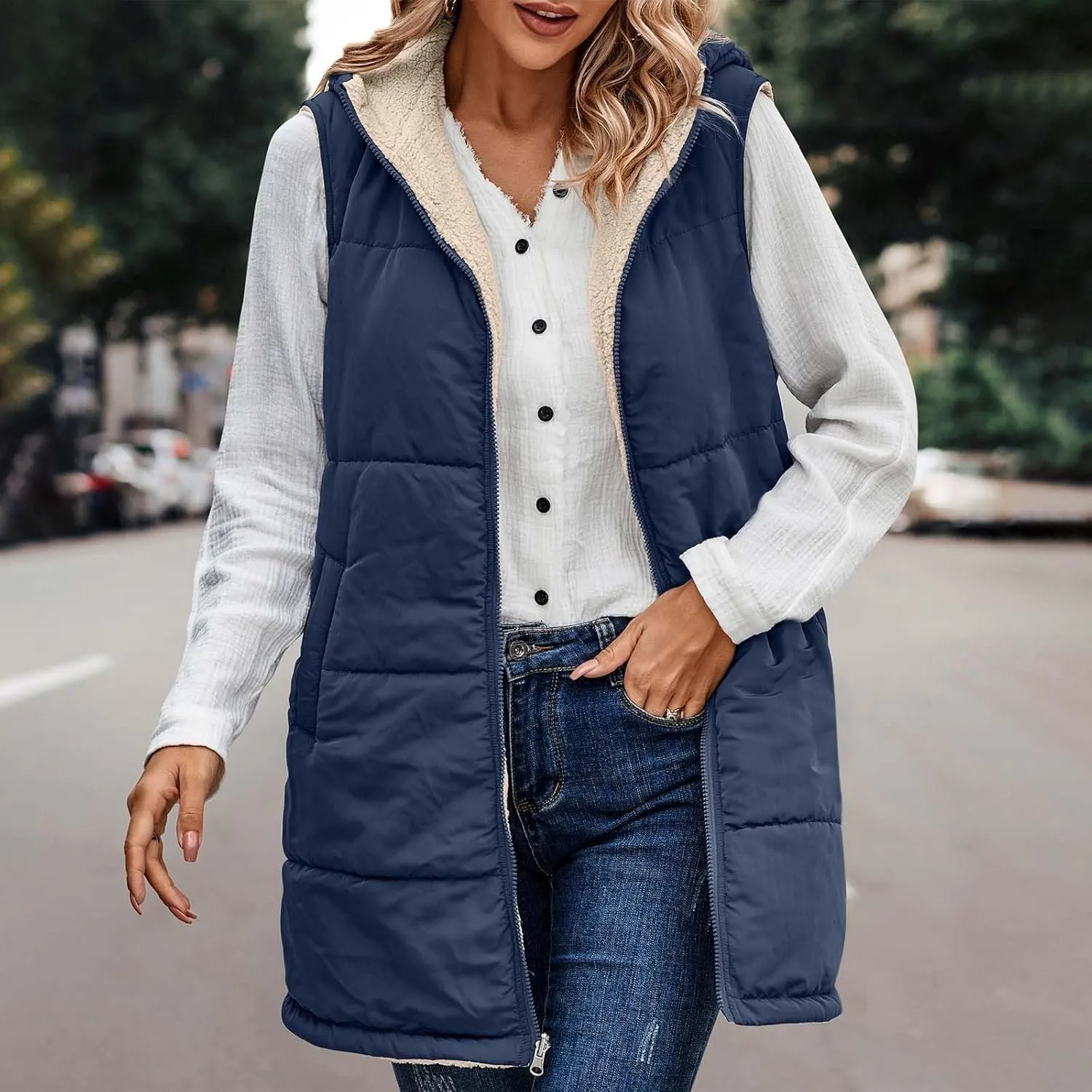 Long Puffer Vest for Women with Hood Sleeveless Puffer Jacket Lightweight Down Vest Full Zip Winter Quilted Vest