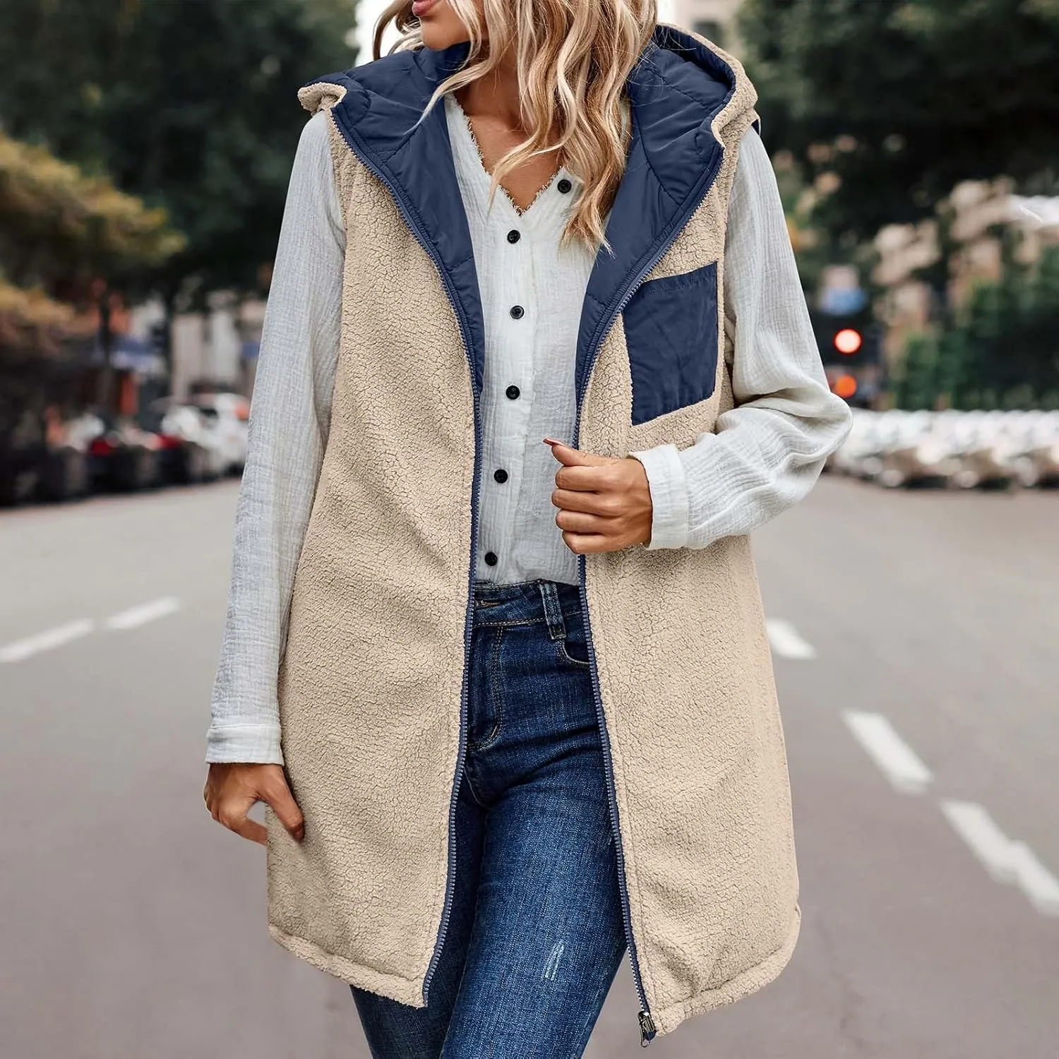 Long Puffer Vest for Women with Hood Sleeveless Puffer Jacket Lightweight Down Vest Full Zip Winter Quilted Vest