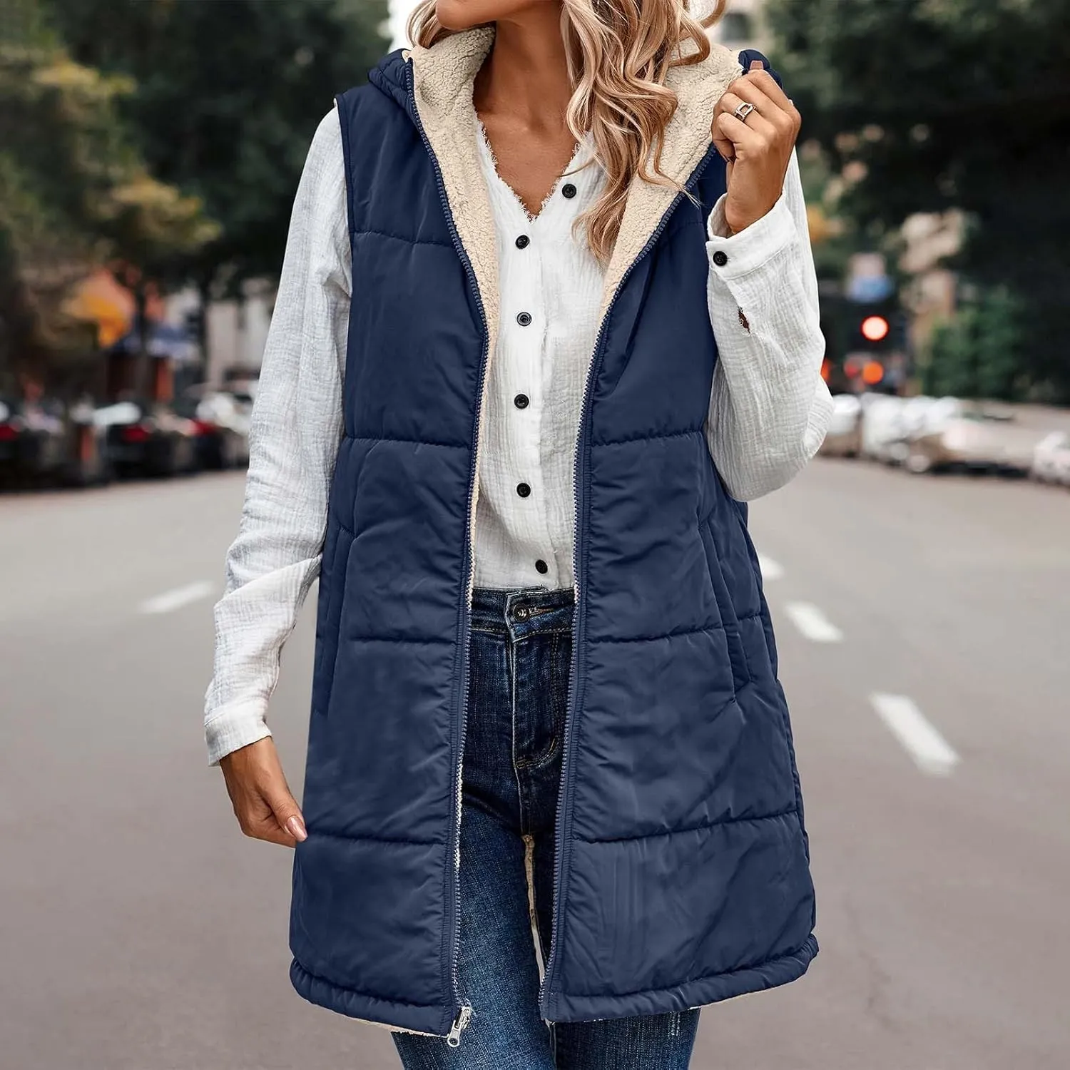 Long Puffer Vest for Women with Hood Sleeveless Puffer Jacket Lightweight Down Vest Full Zip Winter Quilted Vest