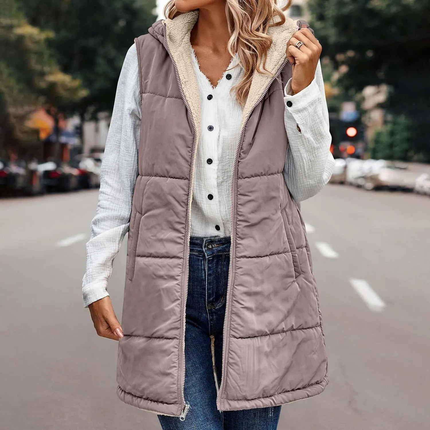 Long Puffer Vest for Women with Hood Sleeveless Puffer Jacket Lightweight Down Vest Full Zip Winter Quilted Vest
