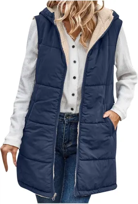 Long Puffer Vest for Women with Hood Sleeveless Puffer Jacket Lightweight Down Vest Full Zip Winter Quilted Vest