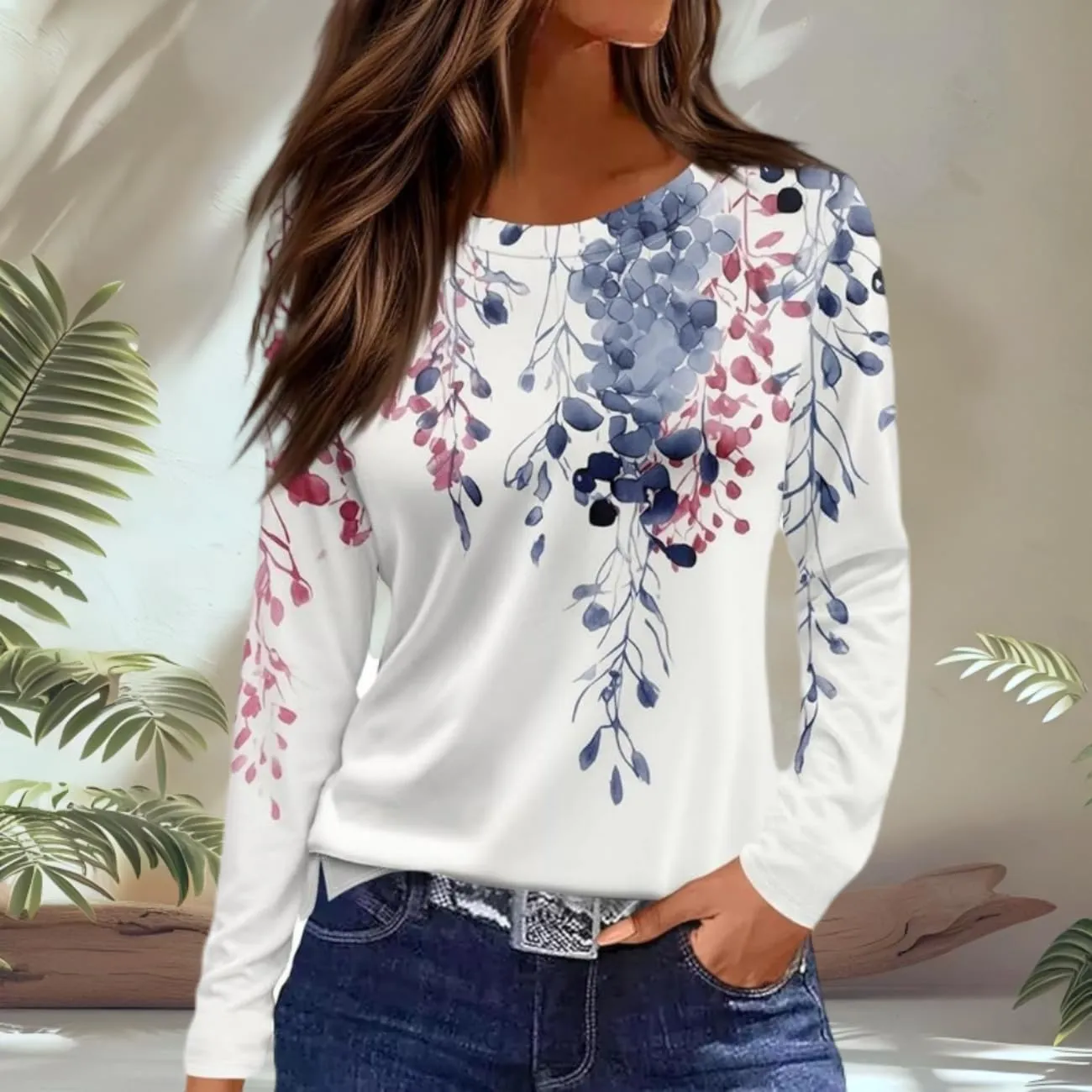 Long Sleeve Shirts for Women Spring Fashion 2025 Floral Crewneck Workout Cute Blouses Casual Loose Fit Tops