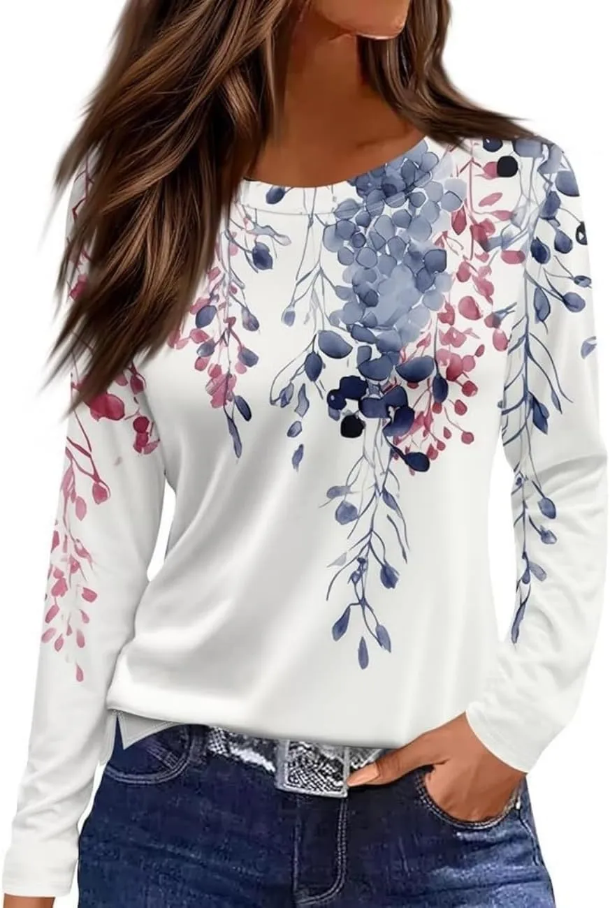Long Sleeve Shirts for Women Spring Fashion 2025 Floral Crewneck Workout Cute Blouses Casual Loose Fit Tops