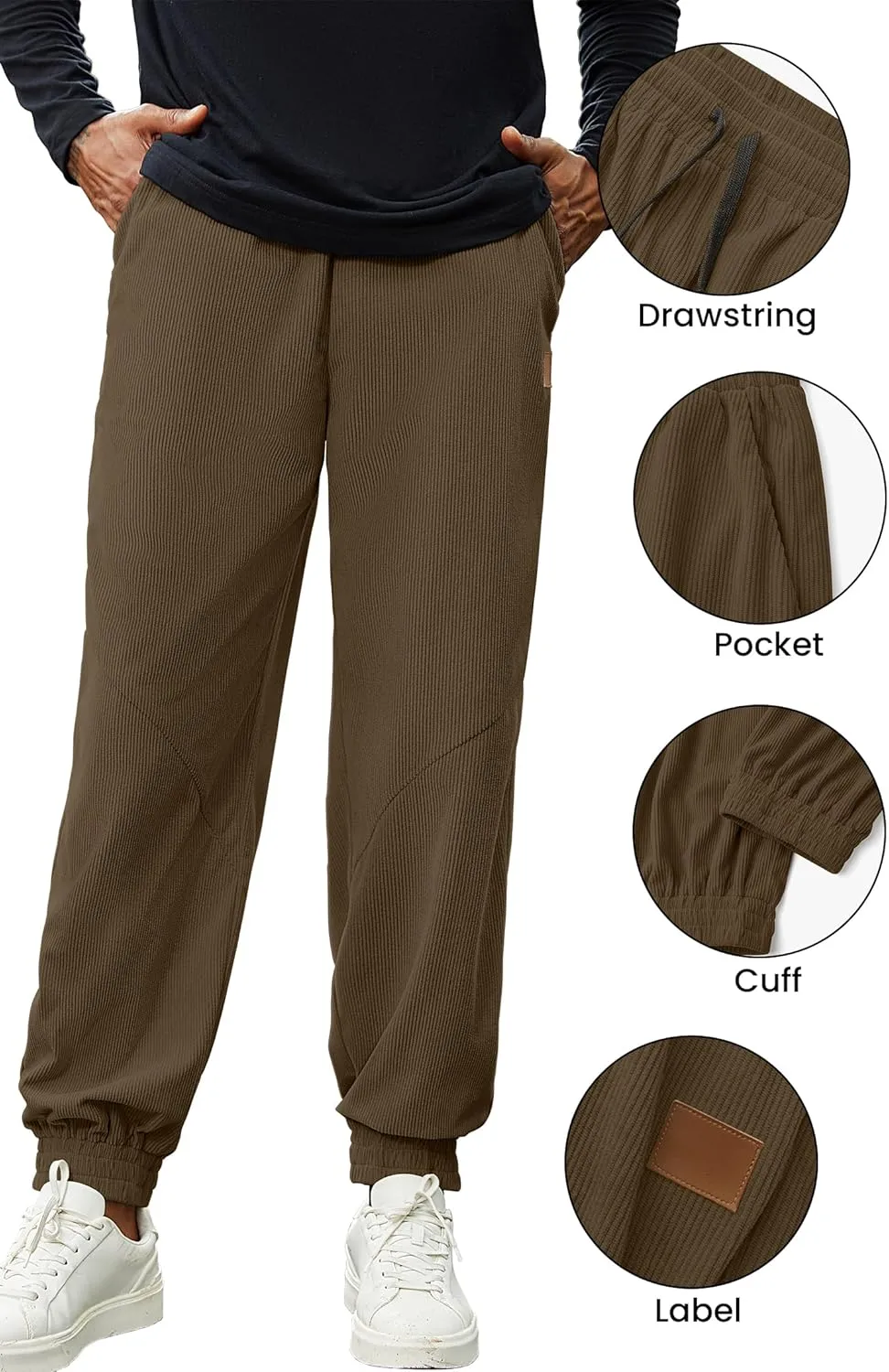 Mens Corduroy Joggers Pants Casual Cargo Pants Drawstring Elastic Waist Baggy Tapered Sweatpants with Pockets