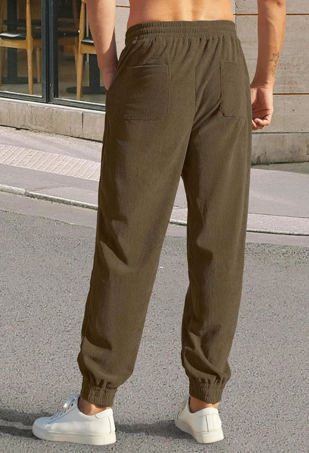 Mens Corduroy Joggers Pants Casual Cargo Pants Drawstring Elastic Waist Baggy Tapered Sweatpants with Pockets