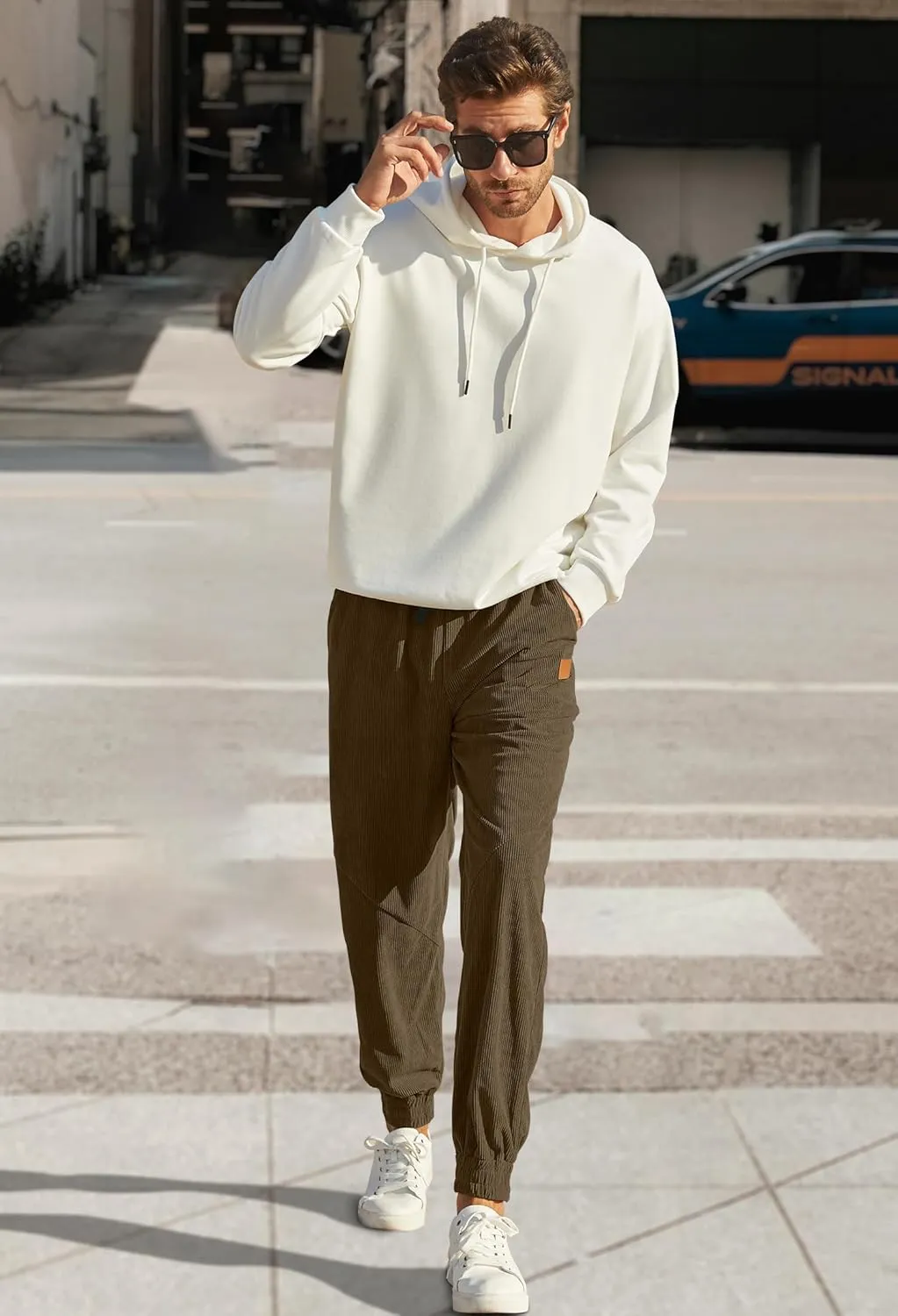 Mens Corduroy Joggers Pants Casual Cargo Pants Drawstring Elastic Waist Baggy Tapered Sweatpants with Pockets