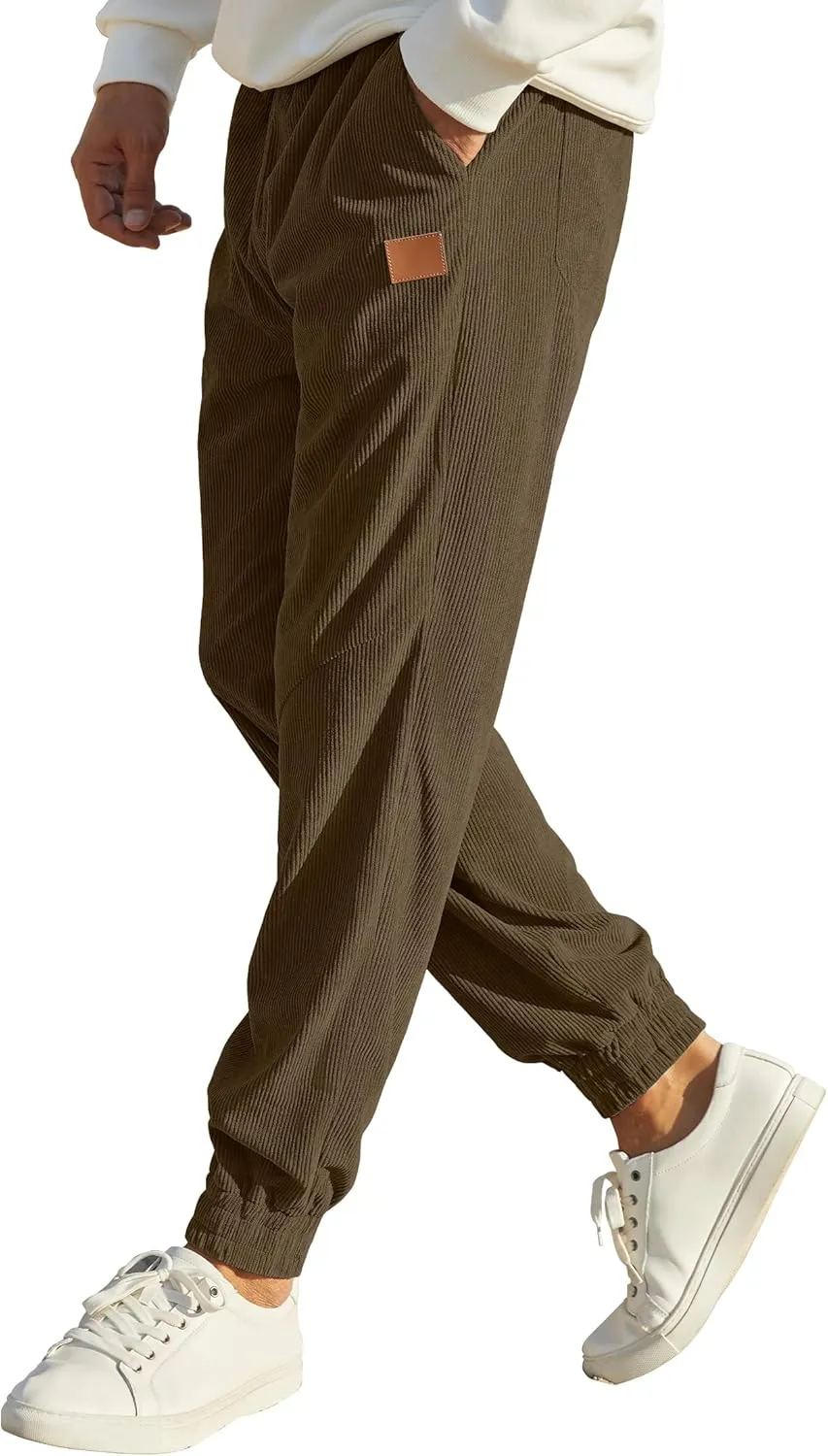 Mens Corduroy Joggers Pants Casual Cargo Pants Drawstring Elastic Waist Baggy Tapered Sweatpants with Pockets