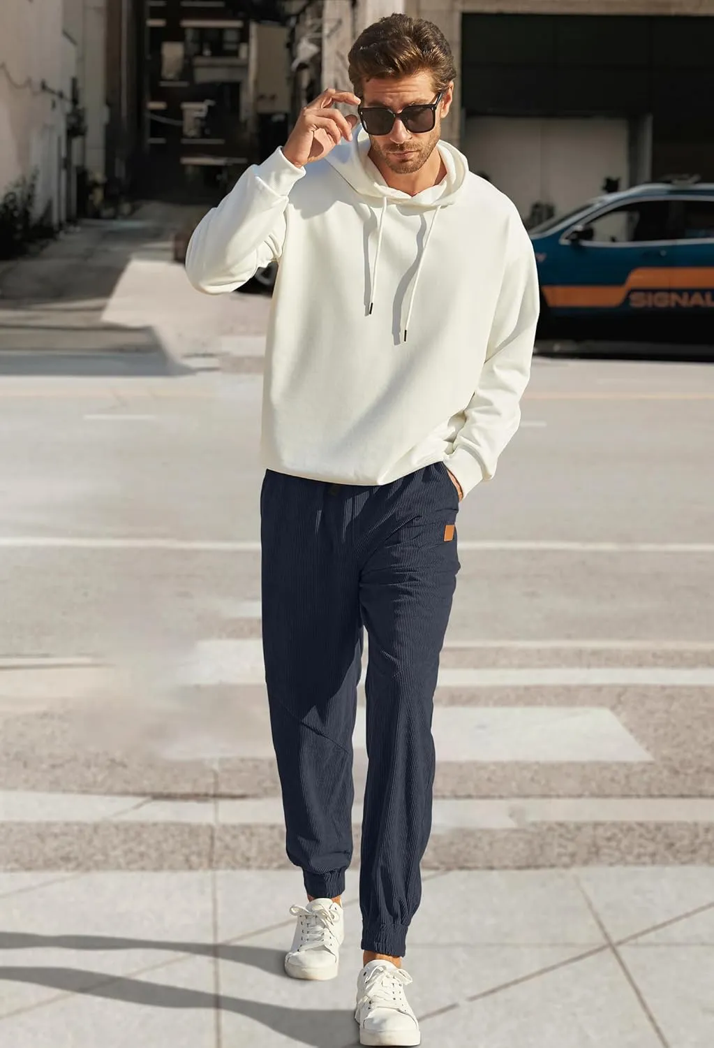 Mens Corduroy Joggers Pants Casual Cargo Pants Drawstring Elastic Waist Baggy Tapered Sweatpants with Pockets