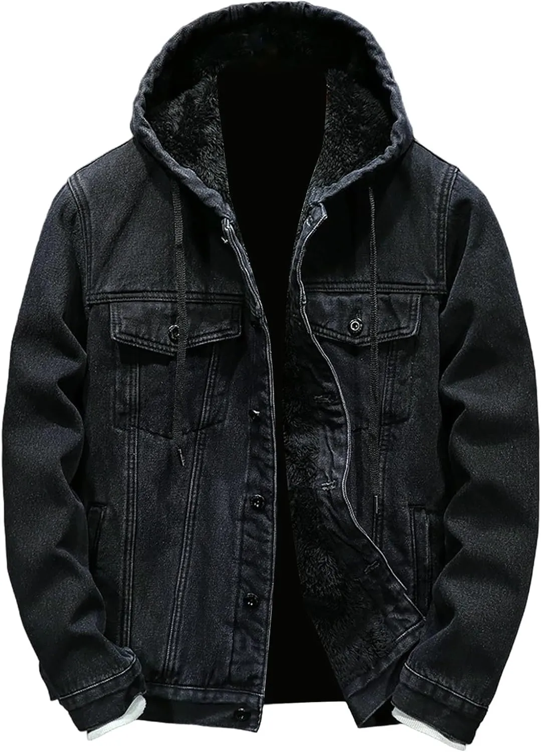 Mens Fleece Lined Denim Hoodie Jacket Casual Button Down Winter Warm Hooded Cowboy Jean Jacket Thicken Trucker Coats